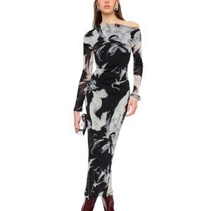 Commense Mesh One Shoulder Maxi Dress Small Black Abstract Sheer Ruched NWT